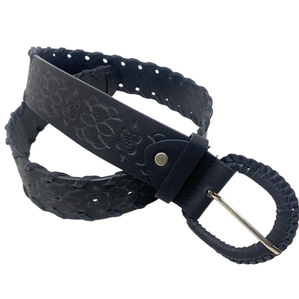 Womens Black Tooled Woven Trim Black Unbranded Belt Size XS Southwestern Boho